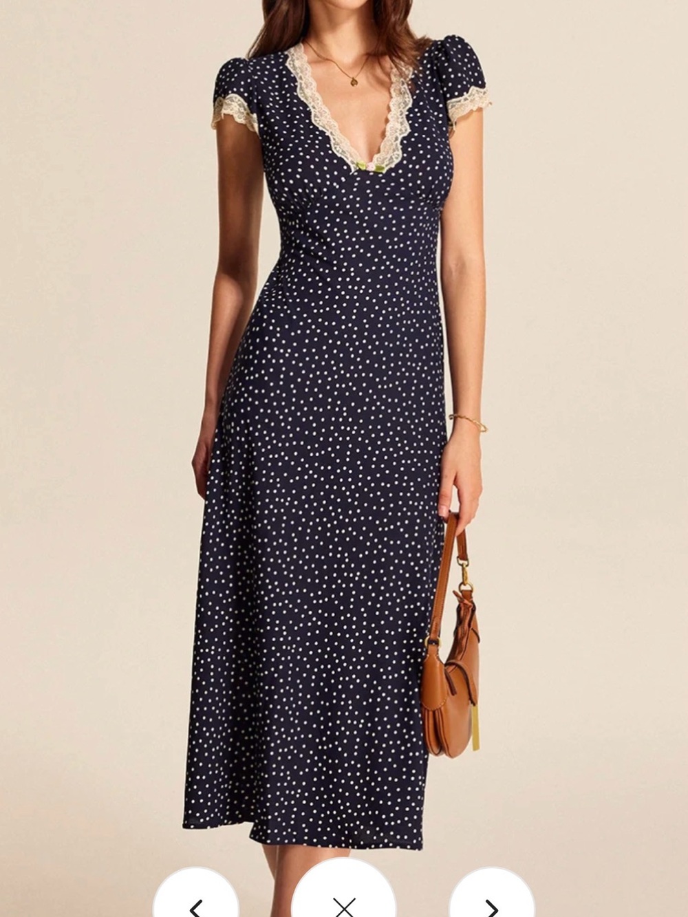 Commense Navy Polka Dot Lace Trim Midi Dress Cottagecore Vintage Inspired Size L
